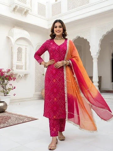 Megenta Pink Bandhani Printed Straight Kurta Set With Dupatta for Women