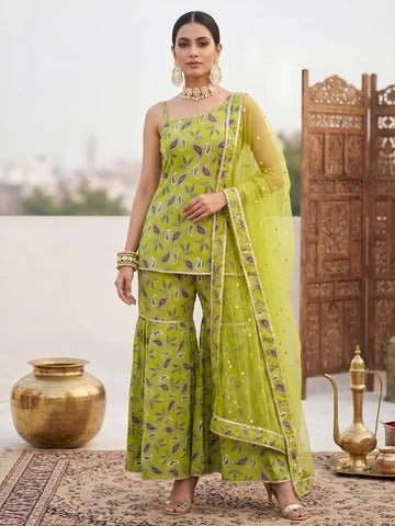 Green Printed Straight Kurta Set With Dupatta for Women