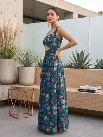 Teal Blue Floral Printed With Stylish Front Design Dress for Women