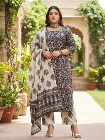 Plus Size Women Multicolor Printed Straight Kurta With Palazo & Dupatta