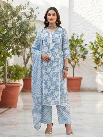 Blue Printed Straight Kurta Set With Dupatta for Women