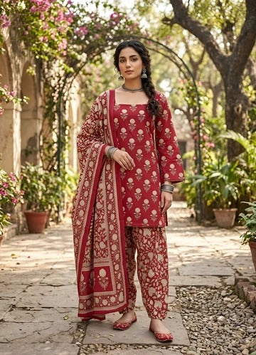Pink Printed Straight Kurta Set With Dupatta for Women