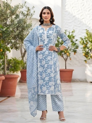 Blue Printed Straight Kurta Set With Dupatta for Women
