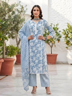Blue Printed Straight Kurta Set With Dupatta for Women