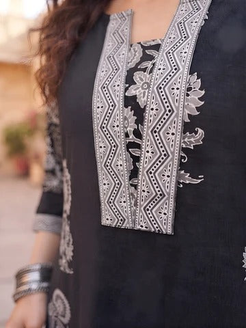 Black Printed Straight Kurta Set With Dupatta for Women