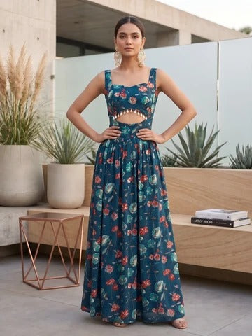 Teal Blue Floral Printed With Stylish Front Design Dress for Women
