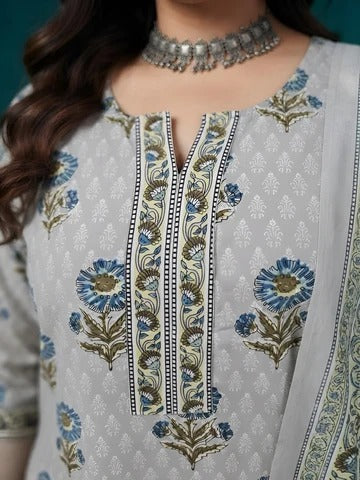 Plus Size Women Grey Printed Straight Kurta With Palazo & Dupatta