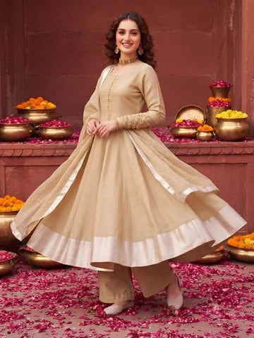 Beige Anarkali Kurta Set With Dupatta for Women