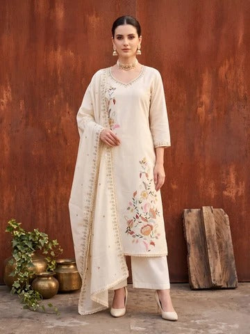 Beige Embroidered Kurta Set With Dupatta for Women