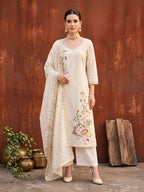Beige Embroidered Kurta Set With Dupatta for Women