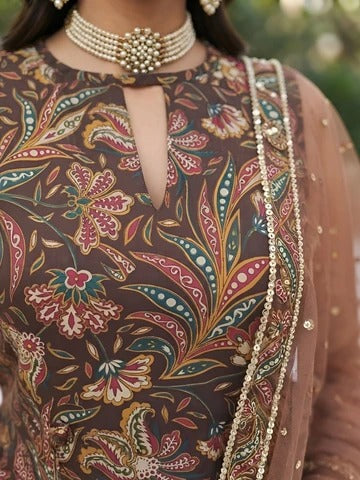 Brownn Printed Straight Kurta Set With Dupatta for Women