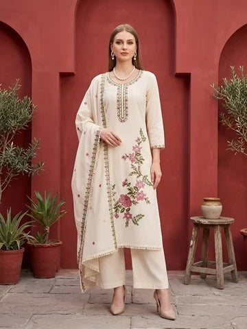 Beige Embroidered Kurta Set With Dupatta for Women