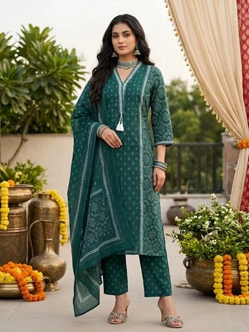 Teal Green Printed Straight Kurta Set With Dupatta for Women