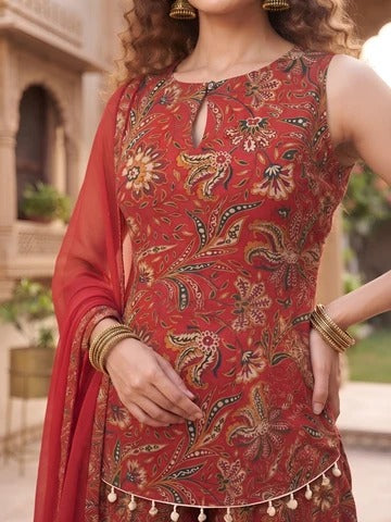 Red Printed Straight Trendy Kurta Set With Dupatta for Women