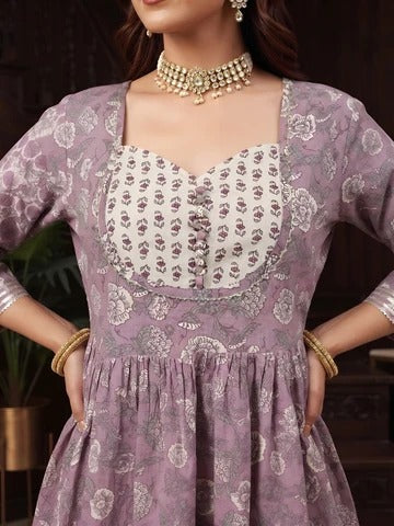 Lavender Printed Peplum Kurta Set With Dupatta for Women