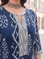 Blue Printed Straight Kurta Set With Dupatta for Women