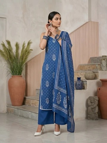 Blue Printed Straight Kurta Set With Dupatta for Women