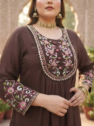 Plus Size Women Brown Embroidered Kurta With Palazo & Dupatta