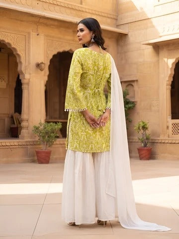 Lime Green & White Sharara Set With Dupatta for Women
