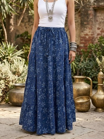 Women Blue Ethnic Printed Flared Skrit
