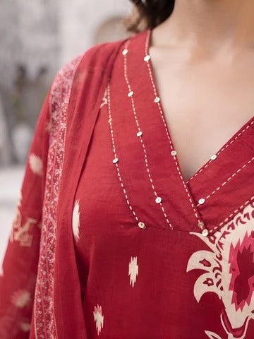 Red Printed Straight Kurta Set With Dupatta for Women