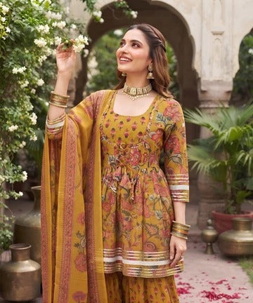 Mustard Printed Peplum Kurta Set With Dupatta for Women