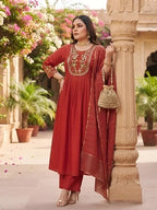 Plus Size Women Red Embroidered Kurta With Palazo & Dupatta