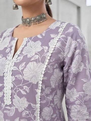 Lavender Printed Straight Kurta Set With Dupatta for Women