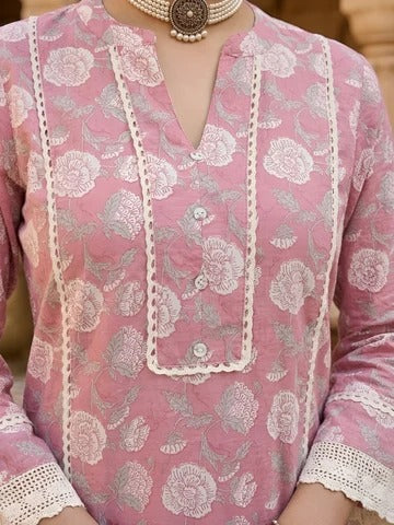 Mauve Printed Straight Kurta Set With Dupatta for Women