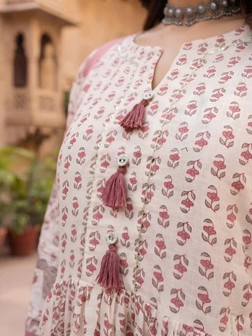 Off White Anarkali Kurta Set With Dupatta for Women