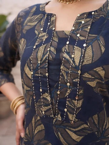 Blue Printed Straight Kurta Set With Dupatta for Women