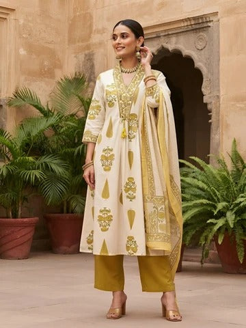 White Printed Anarkali Kurta Set With Dupatta for Women
