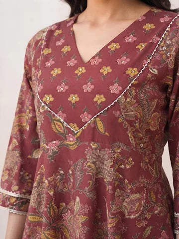 Burgundy Printed Anarkali Kurta Set With Dupatta for Women