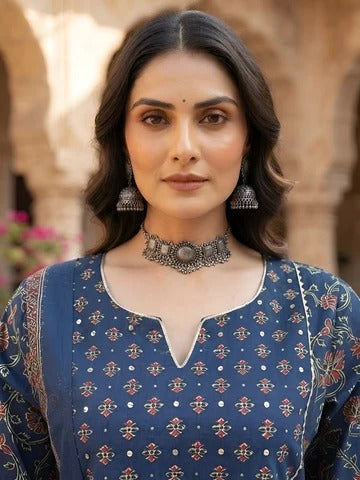 Blue Printed Straight Kurta Set With Dupatta for Women