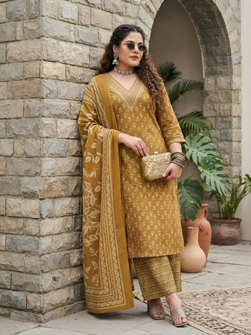 Plus Size Women Yellow Printed Straight Kurta With Palazo & Dupatta