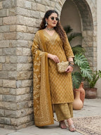 Plus Size Women Yellow Printed Straight Kurta With Palazo & Dupatta