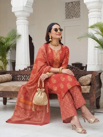 Rust Printed Straight Kurta Set With Dupatta for Women