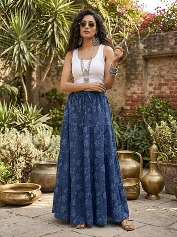 Women Blue Ethnic Printed Flared Skrit