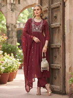 Maroon Embroidered A-Line Kurta Set With Dupatta for Women