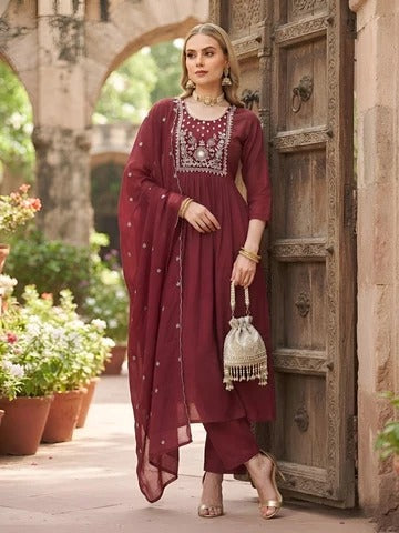 Maroon Embroidered A-Line Kurta Set With Dupatta for Women
