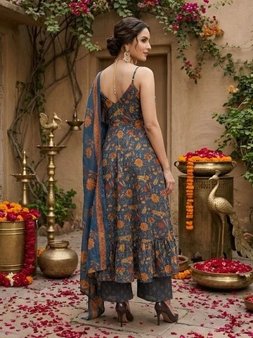 Teal Blue Printed Anarkali Kurta Set With Dupatta for Women