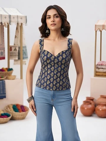 Women Blue Printed Stylish Crop Top