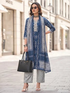Blue Printed Straight Kurta Set With Dupatta for Women