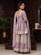 Lavender Printed Peplum Kurta Set With Dupatta for Women