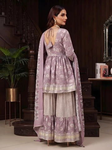 Lavender Printed Peplum Kurta Set With Dupatta for Women
