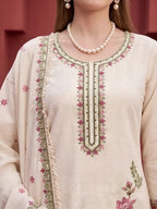 Beige Embroidered Kurta Set With Dupatta for Women