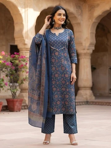 Blue Printed Straight Kurta Set With Dupatta for Women