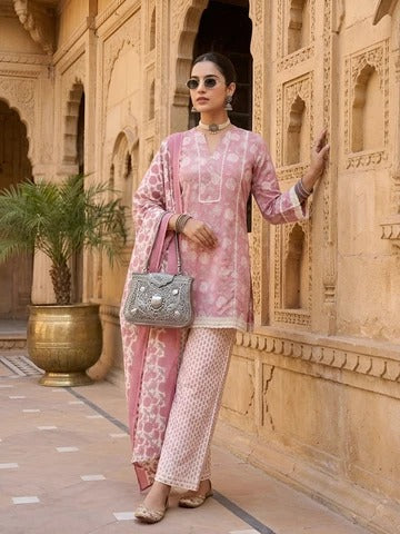 Mauve Printed Straight Kurta Set With Dupatta for Women