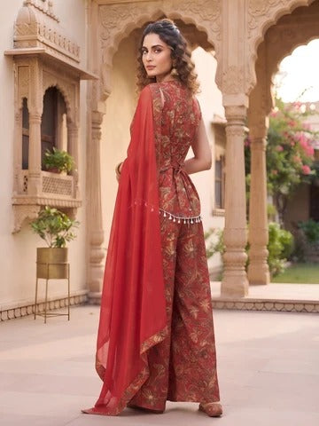 Red Printed Straight Trendy Kurta Set With Dupatta for Women