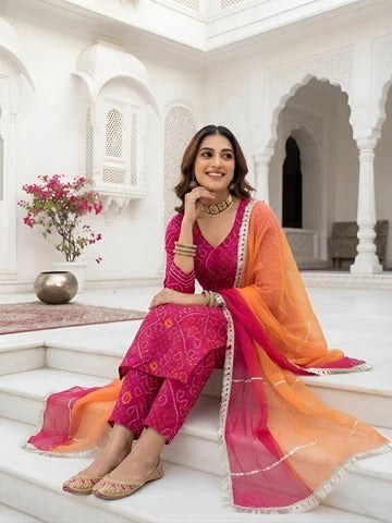 Megenta Pink Bandhani Printed Straight Kurta Set With Dupatta for Women